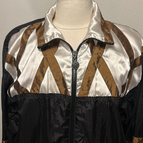 Vintage 80s Zip Up Metallic Gold and Black Draw String Track Jacket Women Size L - Picture 3 of 15